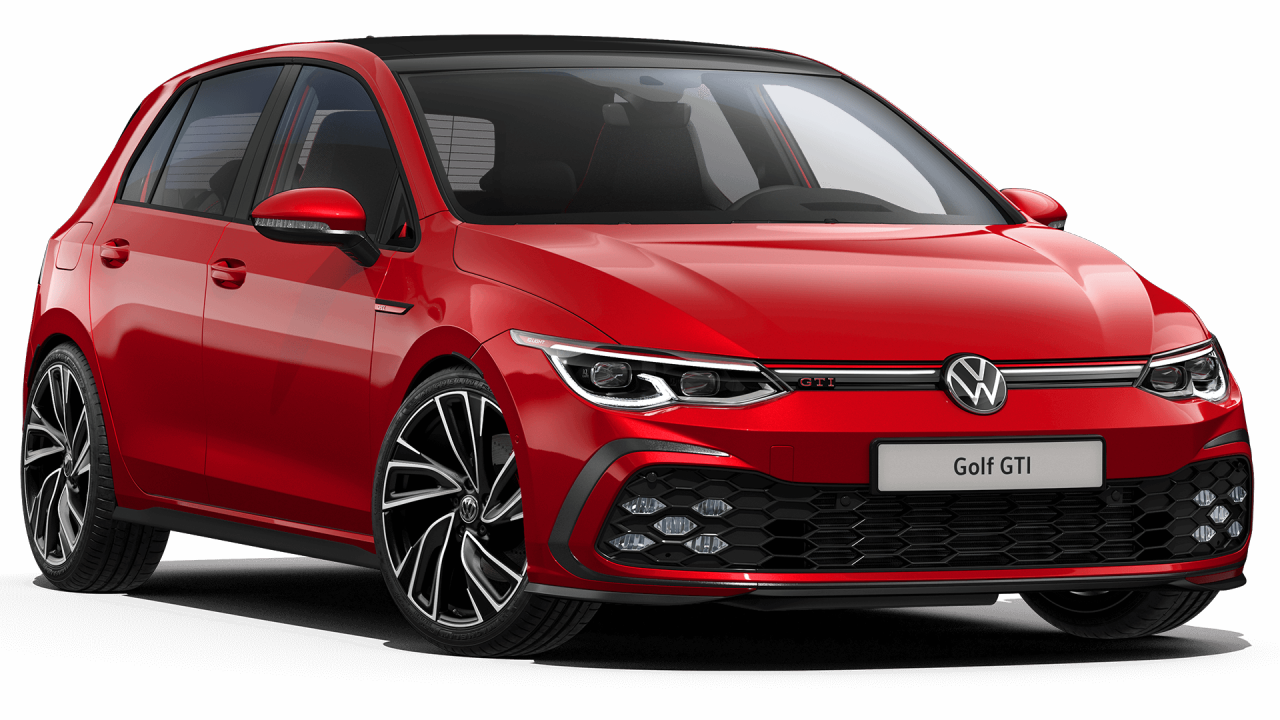 The new Golf 8 GTI in red 3D render three-quarter view